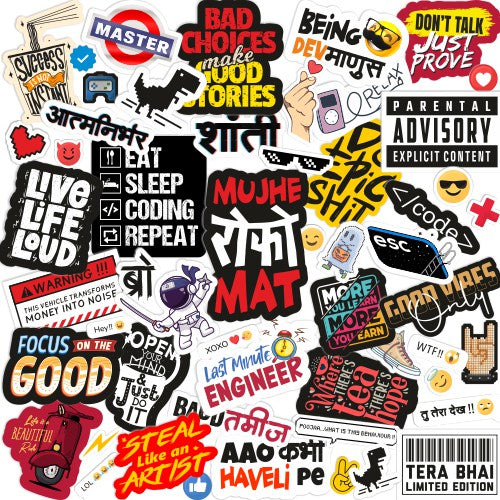 Sticker Pack of 54 for Laptop, Mobile, Scrapbook, Bottle, Mug, Case, Gadgets, Car, Bike,