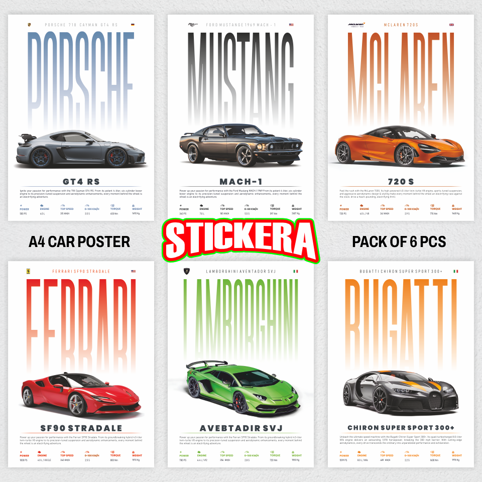 Car Poster Pack of 6 Supercar Wall Art Posters for boys (Porche,mclaren,lamborghini,mustang,ferrari,bugatti) Perfect Wall Decor for Boys Room, Living Room, Office - Car Gift Ideas for Men